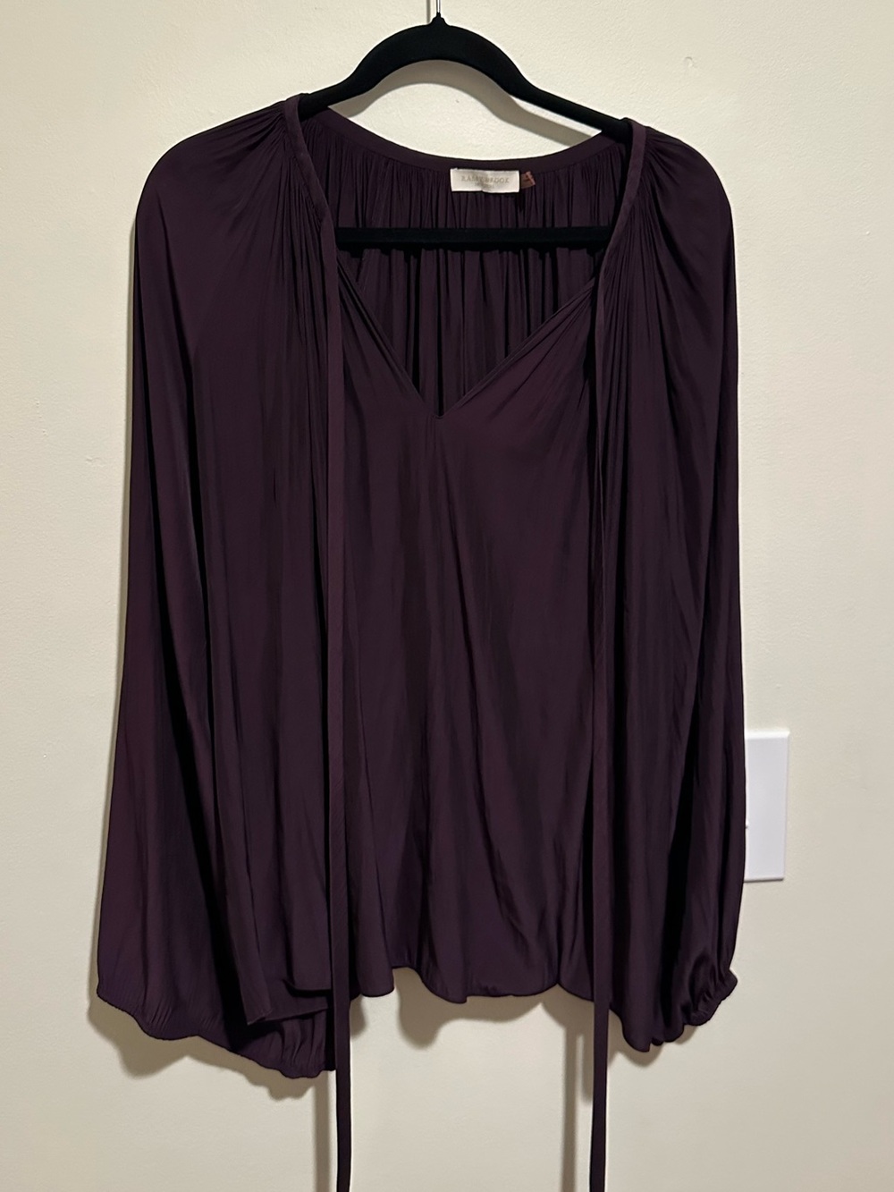 Ramy Brook Plum V-Neck Peasant Blouse with Tie
